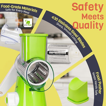 Rotary Cheese Grater Hand Crank, 3 Blades Slicer Shredder, Cheese Grater for Kitchen, Multi-Functional Kitchen Tool for Vegetables, Nuts, Chocolate, with Strong Suction Base, Green - Image 7