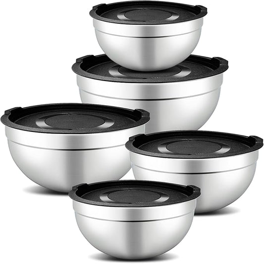 hunnycook 5 Piece Mixing Bowl Set - Mixing Bowls with Lid, Stainless Steel Mixing Bowls for Baking, Size 1.5, 2.1, 3.5, 4, 4.5QT, Baking Bowl for Food Preparation, Mixing and Serving Foods by Dedicatedtoenhancingyourdiningexperience