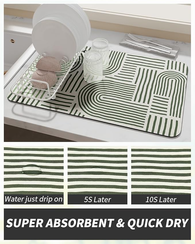 AMOAMI Coffee Mat Hide Stain Rubber Backed Absorbent Dish Drying Mat for Kitchen Counter - Fits Under Coffee Maker or Machine - Green Line 17x31.5 - Image 3