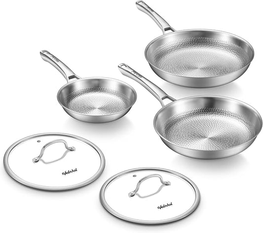 Titanium Pans set, 8+10+12Inch Pure Titanium Hammered Pro with Two Lids, Non-Toxic Skillet for Cooking, PFAS/PFOA/PTFE Free Cookware, Dishwasher&Oven Safe, Kitchen Induction Compatible