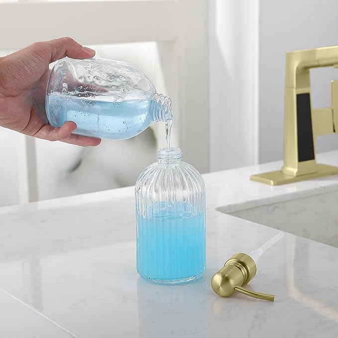 Gold Glass Soap Dispenser with Rust Proof Metal Pump, Vintage & Antique Design, 16oz Clear Glass Dish Soap Dispenser for Bathroom & Kitchen, 2 Packs