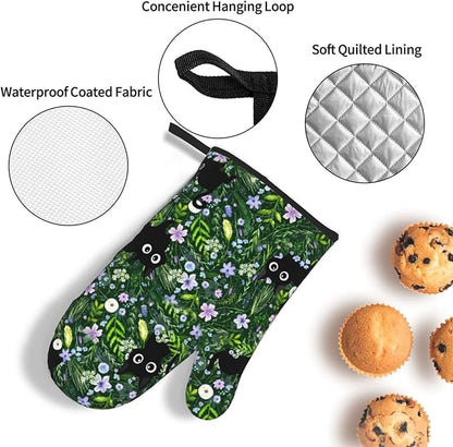 Spring Funny Black Cat Hot Pads and Oven Mitts Heat Resistant,Green Oven Gloves Pot Holders Set for Cooking Baking Grilling BBQ,Cute Cat Lover & Baking Gifts for Women