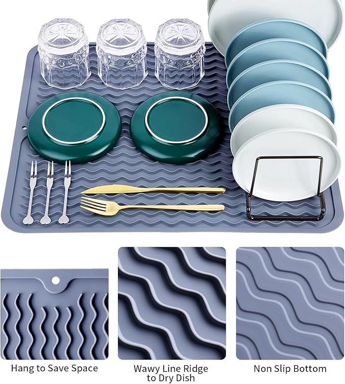 Silicone Dish Drying Mat - 2 Packs of Non-Slip Silicone Mat Easy Clean Drying Mat Large Heat-Resistant Dish Drainer Mat for Kitchen Counter, Sink, Refrigerator or Drawer Liner(16"x12", 12''x 6'' GREY) - Image 4