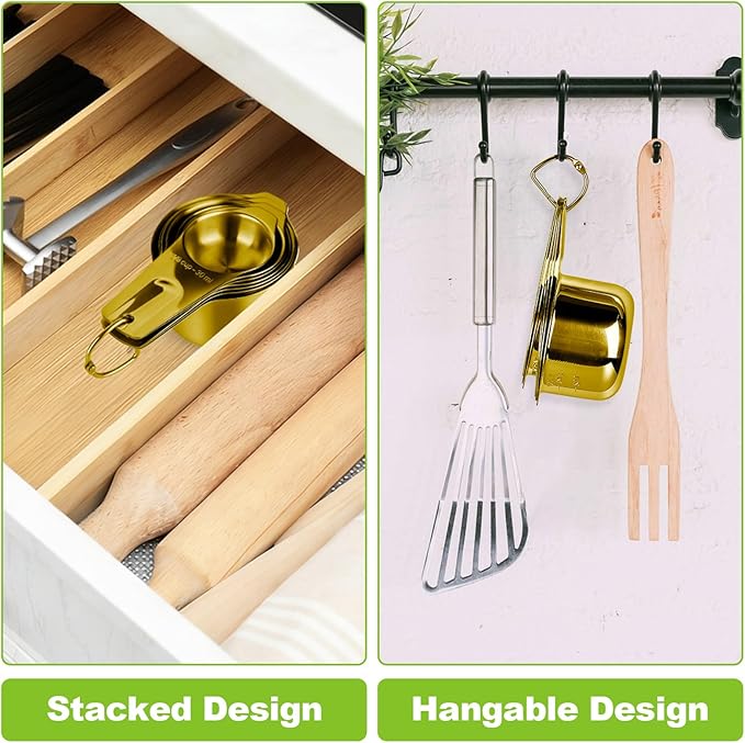 7 Pcs Gold Measuring Cups Stainless Steel, Nesting Metal Measuring Cups with Markings & Ring, Stackable Measure Cups Spoons Set for Cooking Baking Supplies, Kitchen Utensils for Dry Liquid Ingredients - Image 4