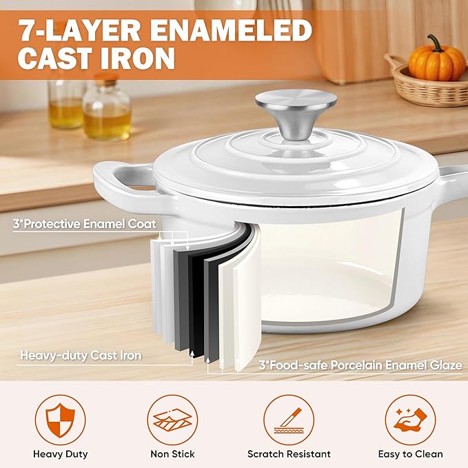 Homikit Small Cast Iron Pot, 1 Quart Enameled Cast Iron Sauce Pan with Lid, Heavy Duty Enamel Dutch Oven Kitchen Cookware for Making Pasta, Boiling Soup, Warming Milk, Nonstick & Oven Safe, White