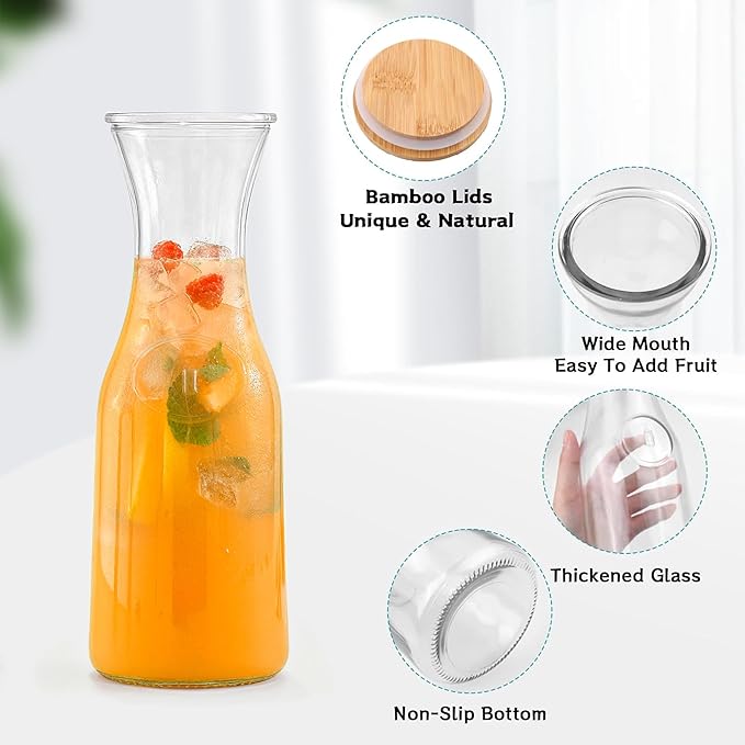 Glass Carafe with Bamboo Lid, Round 35 Oz Beverage Dispensers Carafe, Mimosa Bar Supplies, Clear Glass Pitcher with Name Labels for Iced Tea, Coffee, Juice(Set of 2)