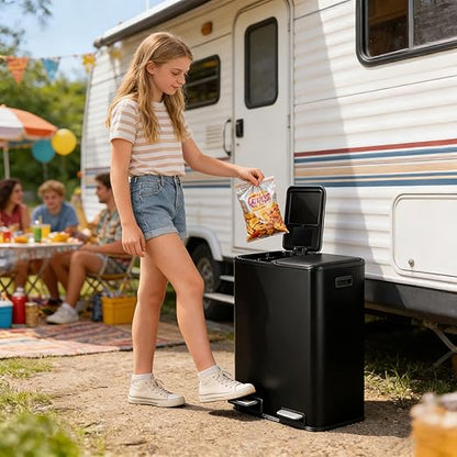 SUPER DEAL Kitchen Trash Can, 16 Gallon 60L Dual Garbage and Recycling Can with Foot Pedal for Kitchen, Living Room, Office, Removable Inner Buckets Soft Close Lid Odor Proof, Stainless Steel, Black