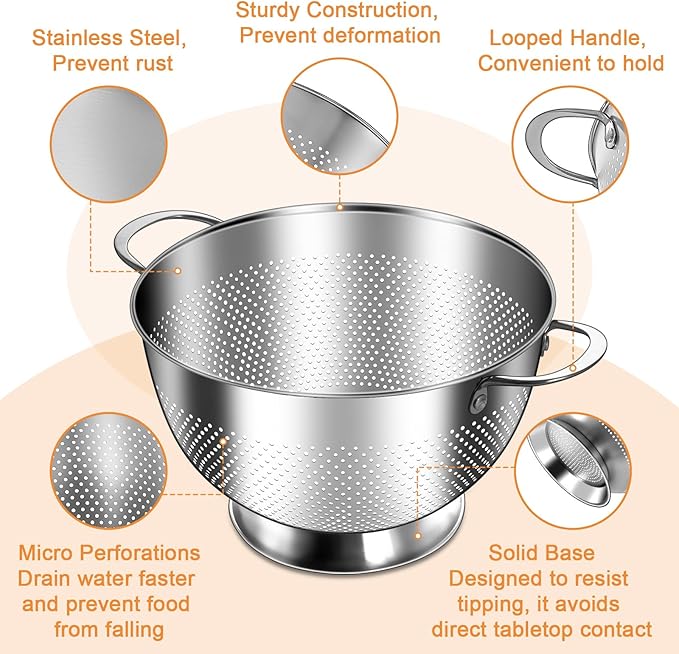 Stainless Steel Colander Set of 3 (1.5-3-5Quart) | Durable Rice and Pasta Strainer with Handle | Oversized Handles | Nesting Design | Rust-Resistant & Dishwasher Safe - Image 3