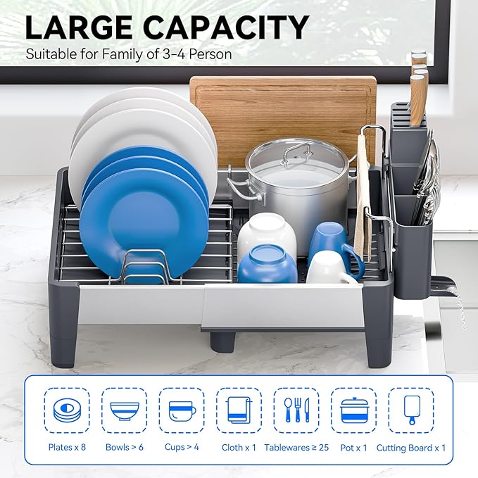 Urackify Expandable Dish Drying Rack, Stainless Steel Dish Rack with Aluminum Frame, Dish Drainer for Kitchen Counter, Space Saving Kitchen Drying Rack with Movable Utensil Holder, Gray - Image 2