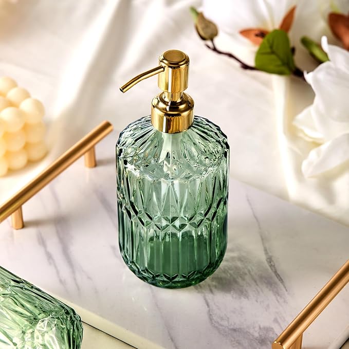 COHOSEGE 17 Oz Green Glass Kitchen Soap Dispenser for Dish Soap, 2 Pack Bathroom Soap Dispenser Set with Gold Rust Proof Pump for Lotion, Hand soap or Body Wash - Image 7