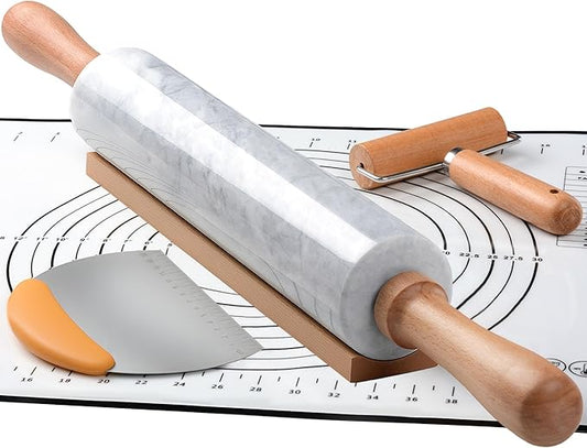 18.5 inches Marble Rolling Pin,Large Non-Stick Dough Roller,for making pizza, cookies,pie crusts, and pasta.with Silicone Pastry Mat,Stainless Steel Scraper,and Small Wooden Roller Pin(White)
