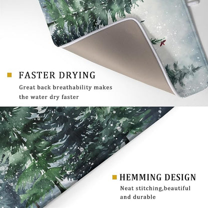 Winter Pine Tree Dish Drying Mat for Kitchen Counter 16x18 Inch Winter Snowflake Xmas Forest Dish Draining Mat Christmas Decorations Fast Absorbent Tableware Dishes Pad for Coffee Bar Countertop