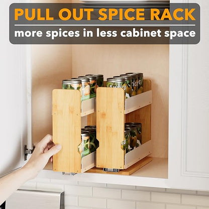 SpaceAid Bamboo Pull Out Spice Rack Organizer for Cabinet, Heavy Duty Slide Out Seasoning Kitchen Pantry Sliding Vertical Organization, 7.3" Wide, 2 Drawers(3" Wide), 2-Tier, Natural - Image 5