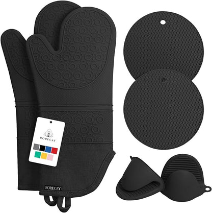 Rorecay 6pcs Oven Mitts and Pot Holders Sets Heat Resistant 500 Degrees, Extra Long and Non-Slip Silicone Oven Gloves Potholders Hot Pads for Kitchen Baking Cooking, Quilted Liner, Black by Rorecay