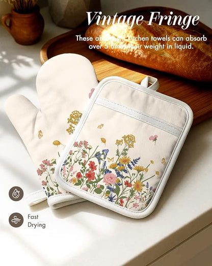 Miss Adola 270 GSM Cotton Kitchen Towels, Oven Mitt and Pot Holder - 4 Pack Kitchen Decor and Accessories Set Spring Cute Farmhouse Quilted Lining Heat Resistant Set with Hanging Loop, Retro Flower - Image 3