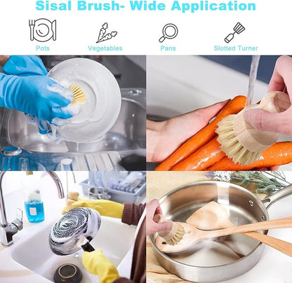 Bamboo Dish Brush Set, 4 Pcs Palm Wooden Dish Scrubber Brush, Dish Brushes, Durable Wood Dishes Scrub Brush, Natural Round Vegetable Cleaning Pots Pans Sink Washing Kitchen Brush by Aisuly