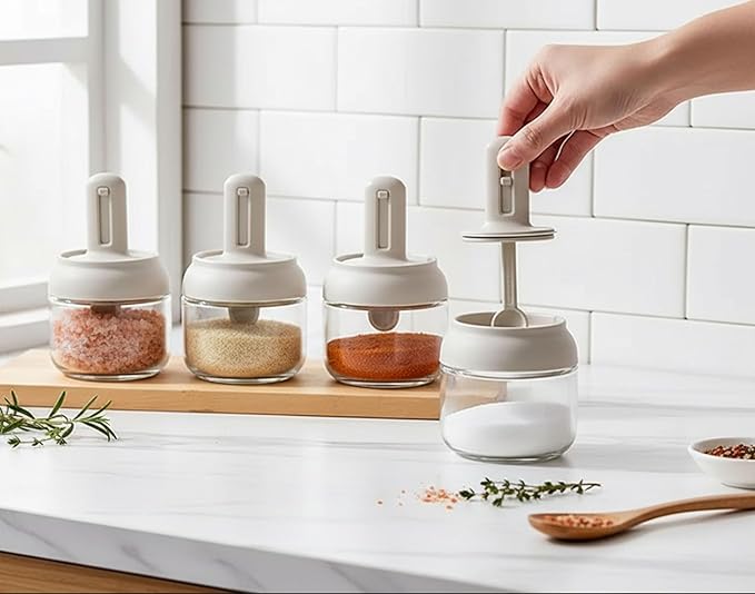 Povinmos® 3 Piece Glass Salt Container | Storage | Pepper,Table Salt, Sugar,Gourmet Salts,Spice |Chili Herbs |10 oz |Glass Salt Container with Lid and Retractable Spoon - Image 6