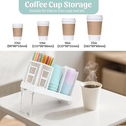 Coffee Cup Dispenser with Straws Holder, Plastic Coffee Cup and Lid Holder, 5-20oz Disposable Paper Cups Organizer for Countertop, Station, Bar, Office, Restaurant, Breakroom (White)