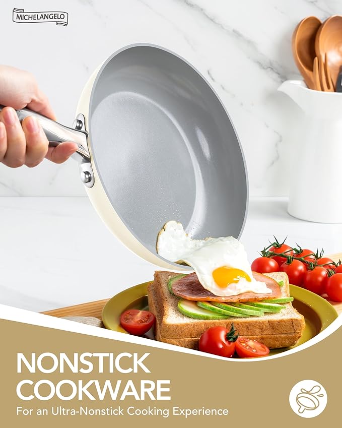 MICHELANGELO Pots and Pans Set Non Stick - Titanium Cookware Set Non Toxic Ceramic Coating, 8-Pcs Nonstick Pots and Pans with Ergonomic Handle, Dishwasher Safe & Induction Compatible, Cream - Image 3
