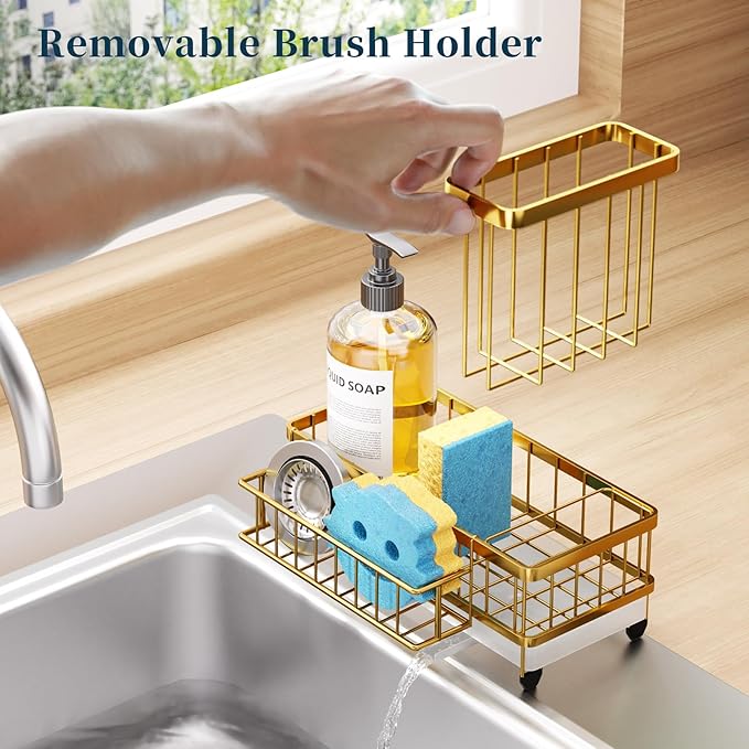 Consumest Sponge Holder for Kitchen Sink - Auto Draining Sink Caddy Organizer with Detachable Rack, High Brush Holder, Kitchen Countertop Storage Accessories, Gold - Image 3