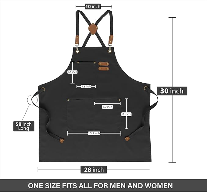 RUVANTI Work Aprons for Men, Oil & Water Repellent, PolyCotton Cross Back Aprons for Women with Pockets, Adjustable up to XXL, Chef Aprons for Cooking, Grilling, Welding, Woodworking - Black Aprons