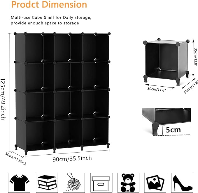 AWTATOS Cube Storage Organizer Closet Storage Shelves DIY Stackable Plastic Storage 12 Cube Bookshelf, Ideal Storage Organizer for Closet, Home, Bedroom, Black - Image 3
