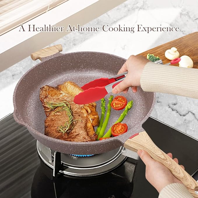 AIKENBBKK Ceramic Frying Pan with Lid, 14 Inch Saute Pan, Non Stick Frying Pans, 2-In-1 Large Cooking Pan, Nonstick Skillet, Compatible with All Stoves, PTFE & PFOA Free, Brown - Image 4