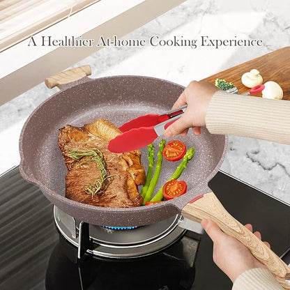AIKENBBKK Ceramic Frying Pan with Lid, 14 Inch Saute Pan, Non Stick Frying Pans, 2-In-1 Large Cooking Pan, Nonstick Skillet, Compatible with All Stoves, PTFE & PFOA Free, Brown - Image 4