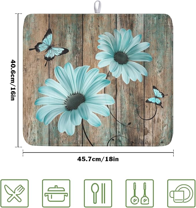 Teal Sunflowers Drying Mat 18x16 Inch, Summer Wooden Board Drying Mat with Absorbent Reversible Microfiber, Rustic Dish Drainer Mats Shabby Chic Floral Rack Pad for Coffee Countertop Kitchen Protector