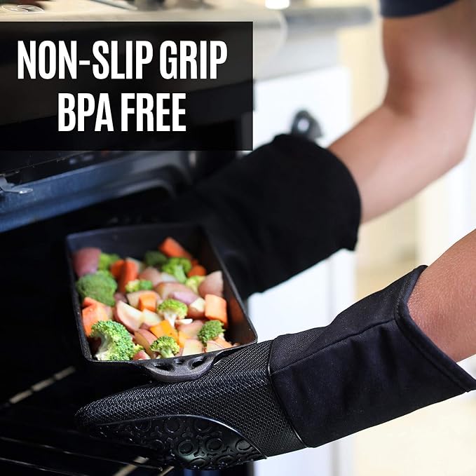 BPA-Free Soft Silicone 4 Piece Oven Mitts & Trivets Set - Ultra Heat Resistant Oven Mitts with Thick Cotton Liner - Long Slip Resistant Pot Holders, Flexible Oven Gloves - Black - Image 3
