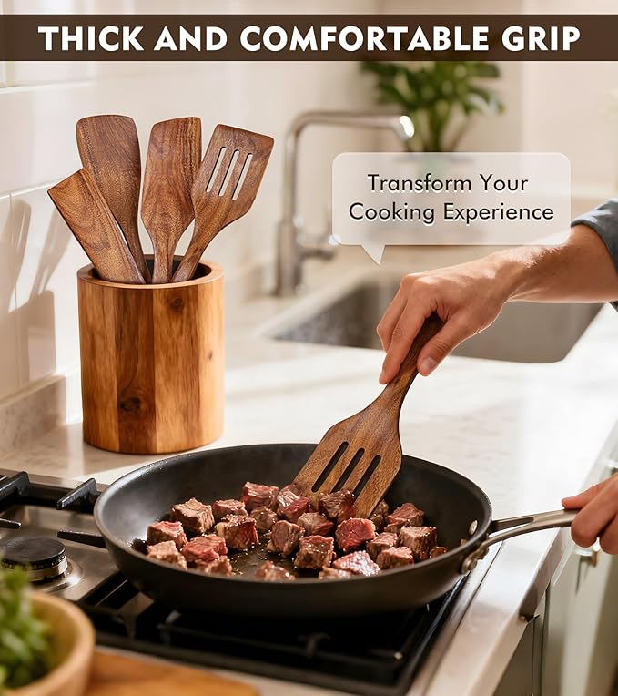 4Pcs Wooden Spatula for Cooking, Acacia Wooden Spatula for Kitchen Use, Nonstick Cookware Safe Utensils Set including Turner, Slotted Turner, Paddle and Scraper, Ideal Cooking Utensils Gift Set - Image 3