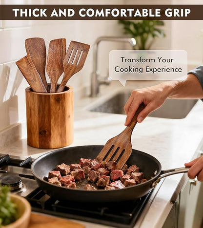 4Pcs Wooden Spatula for Cooking, Acacia Wooden Spatula for Kitchen Use, Nonstick Cookware Safe Utensils Set including Turner, Slotted Turner, Paddle and Scraper, Ideal Cooking Utensils Gift Set - Image 3