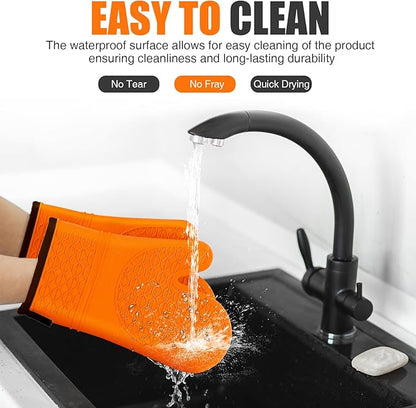 Silicone Oven Mitts, Heat Resistant 2PCS Oven Mitts with Soft Cotton Lining, Waterproof Non-Slip Grip Oven Glove, Kitchen Potholder Mits for BBQ, Baking, Cooking, 12.5 Inch - Orange - Image 5