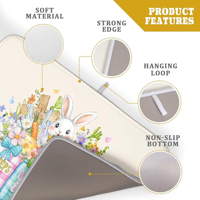 Easter Bunny Carrots Dish Drying Mat for Kitchen Counter,Spring Colorful Flowers Mason Jar Drying Mat 18 x 24 Inch with Absorbent Reversible Microfiber Drying Pad for Coffee Bar - Image 4