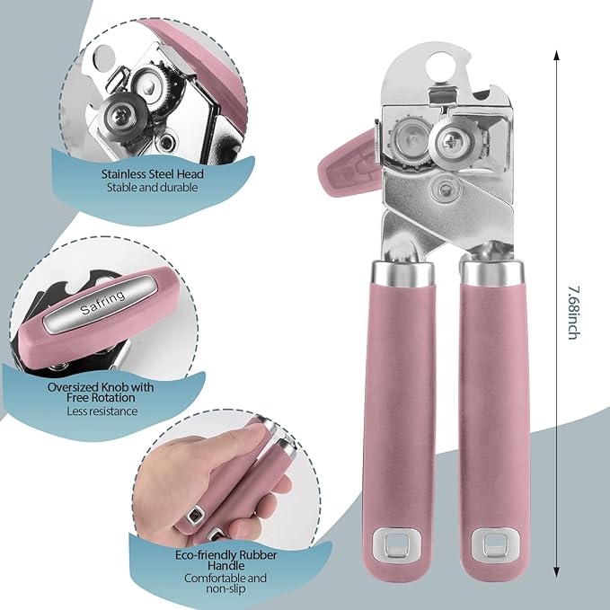 Safring Can Opener Manual, Heavy Duty Handheld Strong Can Opener with Soft Touch Handle, Sharp Blade Smooth Edge, Can Openers with Multifunctional Bottle Opener, Pink - Image 2