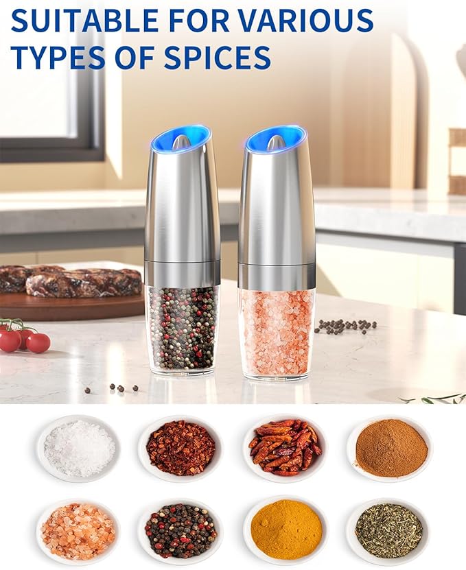 CIRCLE JOY Gravity Electric Salt and Pepper Grinder Set Stainless Steel Automatic Salt and Pepper Grinder Set, Battery Operated, LED Light, Adjustable Coarseness, for Home Kitchen BBQ, Silver - Image 5