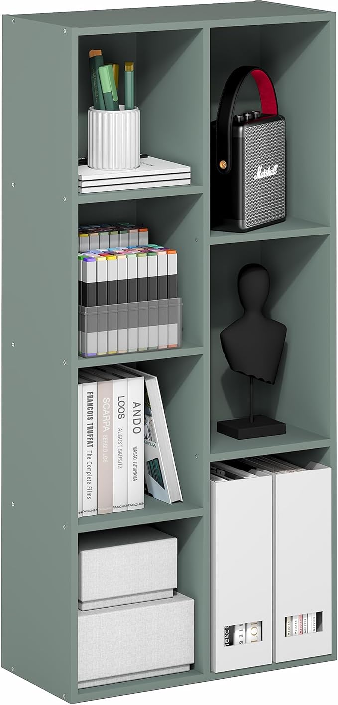 Furinno LUDER Book Shelf, 7-Cube Bookshelf, Bookcase with Open Shelves, 9.4 x 19.5 x 41.7, Easy Assembly, for Living Room, Bedroom, Home Office, Sage Green by Furinno-FitsYourSpaceFitsYourBudget
