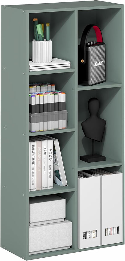Furinno LUDER Book Shelf, 7-Cube Bookshelf, Bookcase with Open Shelves, 9.4 x 19.5 x 41.7, Easy Assembly, for Living Room, Bedroom, Home Office, Sage Green by Furinno-FitsYourSpaceFitsYourBudget