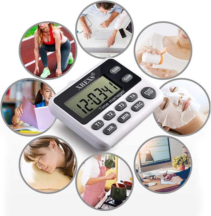 XREXS 4-Channel Digital Kitchen Timer Clock with Large LCD Display, 4 Groups Simultaneous Timing Countdown Up Pocket Timer, Magnetic Attachable (Battery Included) - Image 6