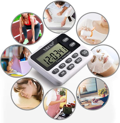 XREXS 4-Channel Digital Kitchen Timer Clock with Large LCD Display, 4 Groups Simultaneous Timing Countdown Up Pocket Timer, Magnetic Attachable (Battery Included) - Image 6