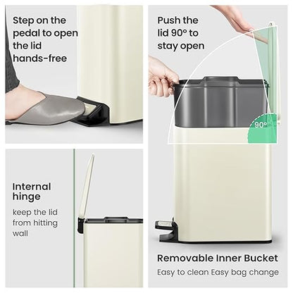 Cesun Small Bathroom Trash Can with Lid Soft Close, Step Pedal, 6 Liter / 1.6 Gallon Stainless Steel Garbage Can with Removable Inner Bucket, Anti-Fingerprint Finish (Creamy White) - Image 5