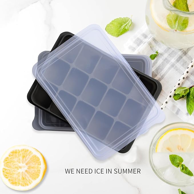 Tvmania Ice Cube Trays Set of 2, Easy Release 15 Flexible Silicone Ice Cube Molds with Removable Lid Reusable Freezer Ice Trays Stackable for Whiskey, Baby Food, BPA Free (black) - Image 2