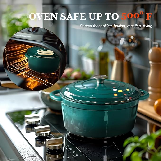 Overmont Enameled Cast Iron Dutch Oven - 5.5QT Pot with Lid Cookbook & Cotton Potholders - Heavy-Duty Cookware for Braising, Stews, Roasting, Sourdough Baking bottle green - Image 6