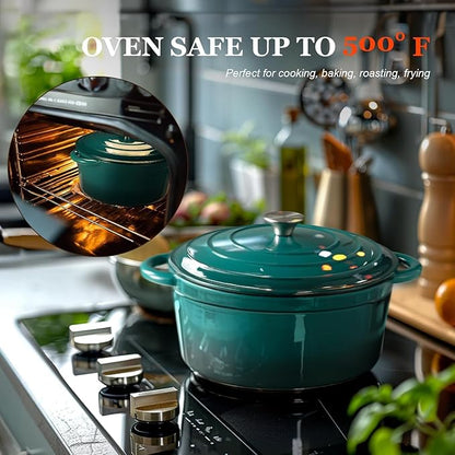 Overmont Enameled Cast Iron Dutch Oven - 5.5QT Pot with Lid Cookbook & Cotton Potholders - Heavy-Duty Cookware for Braising, Stews, Roasting, Sourdough Baking bottle green - Image 6