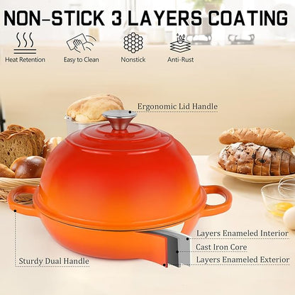 Enameled Cast Iron Bread Oven, Dutch Oven Pot with Lid, 10" Bread Dutch Oven for Sourdough Bread Baking, 6 Quarts Bread Pan with Dome Lid, Non-stick Cookware for Homemade Bread, Orange
