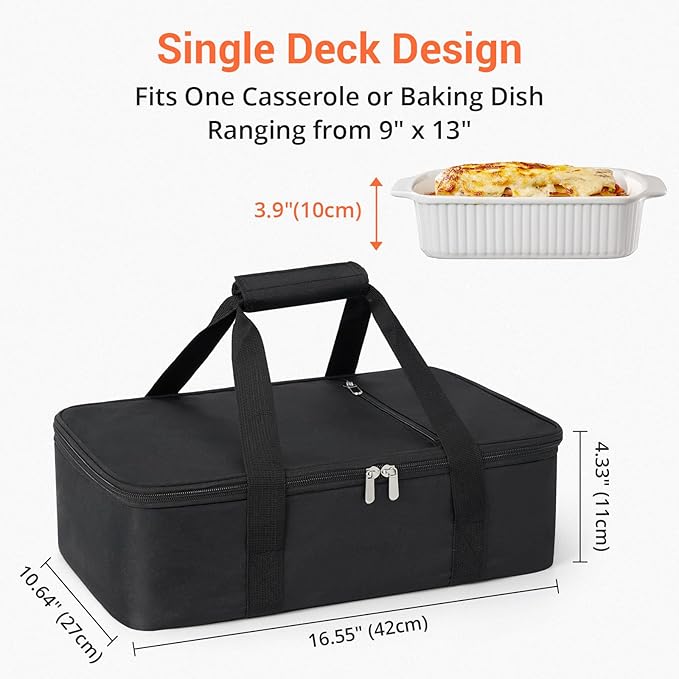 Insulated Casserole Carrier for Hot or Cold Food,Pie Carrier Bag Lunch Bag Tote for Potluck Parties/Picnic/Cookouts, Fits 9"x13" Baking Dish,Black