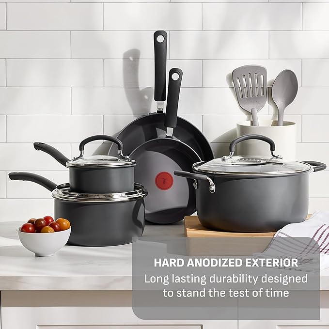T-Fal Ultimate Hard Anodized Nonstick 10 Piece Cookware Set, Oven Safe Up to 400°F, Dishwasher Safe, Pots and Pans Set, Includes Frying Pans, Saucepan, Stockpot, Cooking Utensils, Stone - Image 3