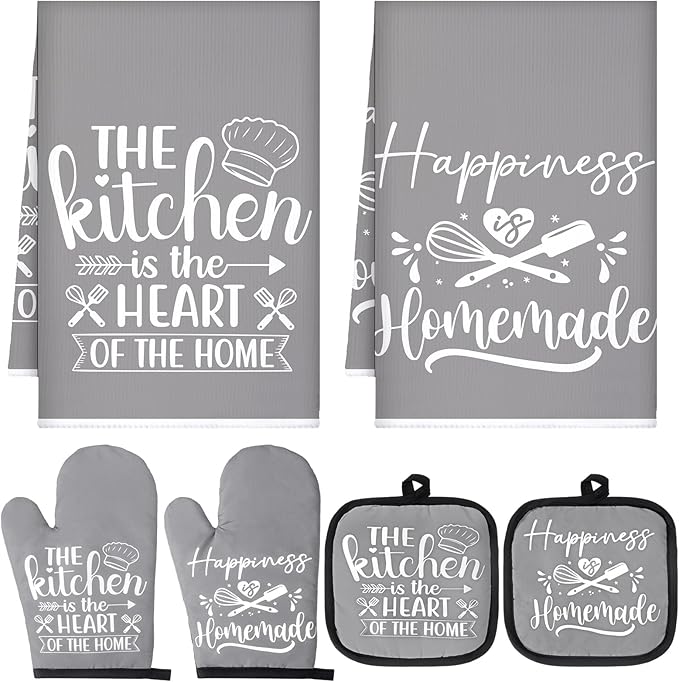 Sratte 6 Pcs Kitchen Decor Accessories Set Farmhouse Towels Pot Holders Oven Mitts Set 2 Dish Towels 2 Potholders 2 Cooking Mittens Oven Glove for Christmas Baking Cooking Supply(Gray,Kitchen) by Sratte