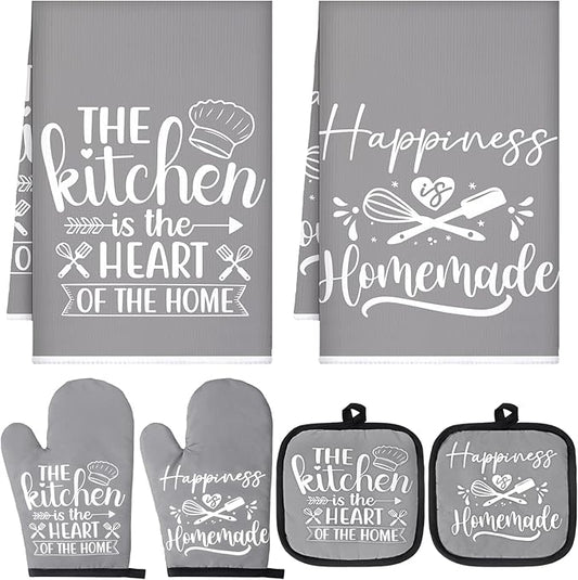 Sratte 6 Pcs Kitchen Decor Accessories Set Farmhouse Towels Pot Holders Oven Mitts Set 2 Dish Towels 2 Potholders 2 Cooking Mittens Oven Glove for Christmas Baking Cooking Supply(Gray,Kitchen) by Sratte