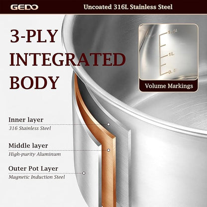 GEDO Food-Grade 316L Stainless Steel Sauce Pan with Glass Lid, 3-Ply Integrated Body Uncoated Cooking Pot, Universal for Induction Gas Ceramic Stovetops, Multi-Purpose Kitchen Cookware (2, Quarts) - Image 6
